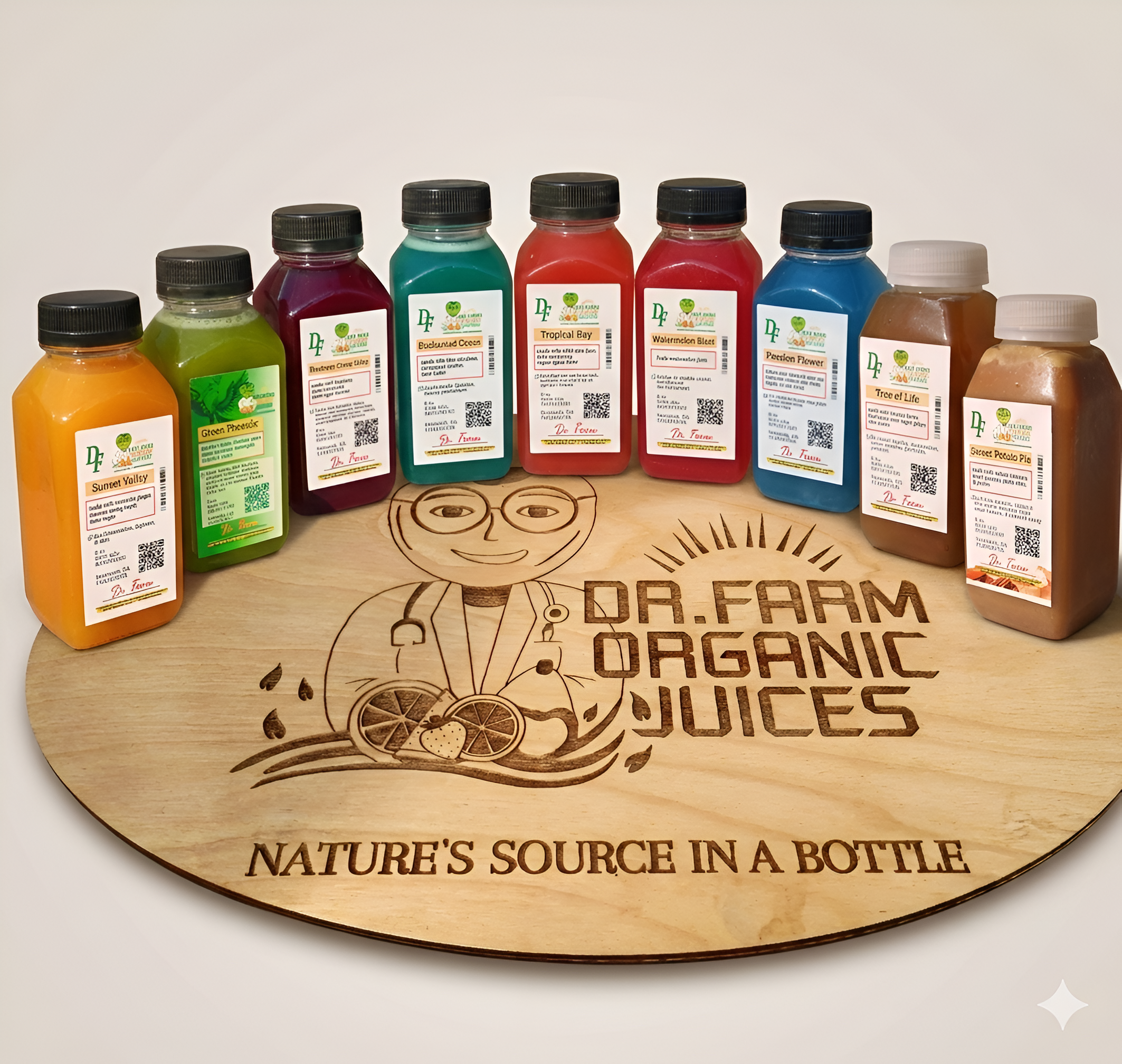 Assorted bottles of Dr. Farm Organic Juices on a wooden board with branding.